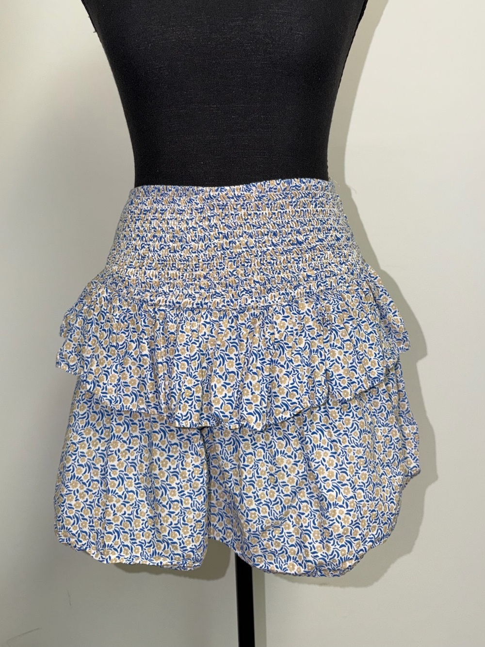 Mango Blue and Yellow Floral Tiered Mini Skirt